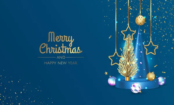 Καλά Χριστούγεννα και Καλή Χρονιά. Χριστούγεννα Εορταστικό φόντο με ρεαλιστικά 3d αντικείμενα, λευκό και χρυσό μπάλες. — Διανυσματικό Αρχείο