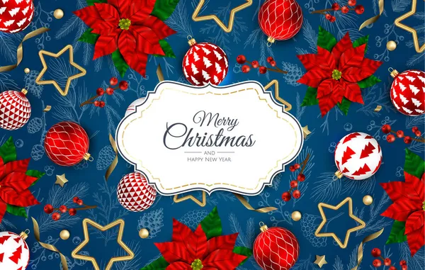 Καλά Χριστούγεννα και Καλή Χρονιά. Χριστούγεννα Εορταστικό φόντο με ρεαλιστικά 3d αντικείμενα, μπλε και χρυσές μπάλες. — Διανυσματικό Αρχείο