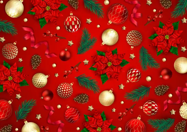 God Jul och Gott Nytt År. Xmas Festlig bakgrund med realistiska 3D-objekt, blå och guld bollar. — Stock vektor