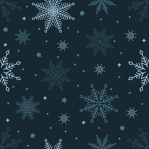 Eenvoudige kerst naadloos patroon. Sneeuwvlokken met verschillende ornamenten. Op zwarte achtergrond — Stockvector