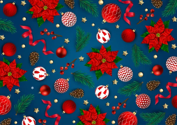 Feliz Navidad y Feliz Año Nuevo. Fondo de Navidad con diseño de copos de nieve y bolas. — Vector de stock