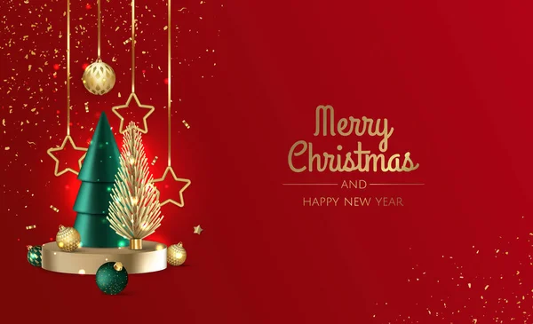 Boldog Karácsonyt és Boldog Új Évet üdvözlőlapot. Karácsonyi nyaralás háttér fenyő, hópelyhek, labdák. — Stock Vector