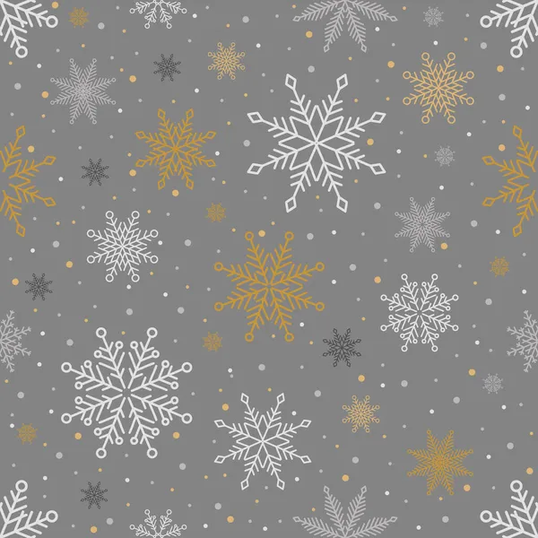 Semplice modello senza cuciture di Natale. Fiocchi di neve con ornamenti diversi. Su sfondo nero — Vettoriale Stock