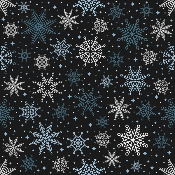 Enkel jul sömlöst mönster. Snöflingor med olika prydnader. På svart bakgrund — Stock vektor