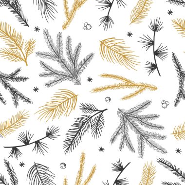 Noel ağacı dalları ve böğürtlenlerle süslenmiş çiçeksiz kış deseni. Vektör illüstrasyon arkaplanı