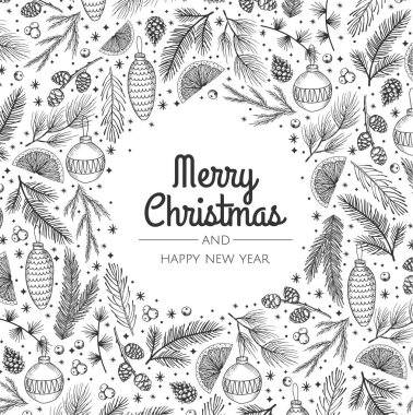 Mutlu Noeller tebrik kartı. El çizimi vektör çizimi. Kış temalı tebrik kartı.