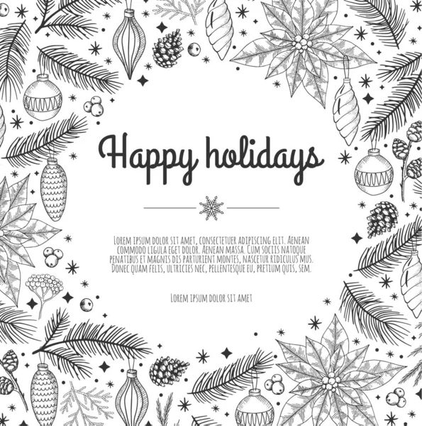 Boldog Karácsonyt és Boldog Új Évet üdvözlőlapot. Karácsonyi nyaralás háttér fenyő, hópelyhek, labdák. — Stock Vector