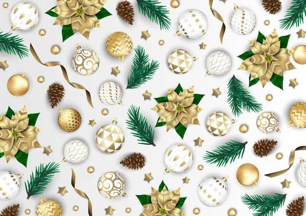 Feliz Navidad y Feliz Año Nuevo. Fondo de Navidad con poinsettia, Copos de nieve, diseño de estrellas y bolas. — Archivo Imágenes Vectoriales