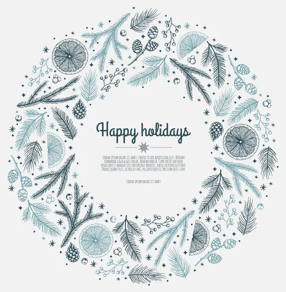 Köknar ağacı, kar taneleri, balolar ve yıldızlarla süslü bir çelenk. Noel tasarımı için kullanılabilir.