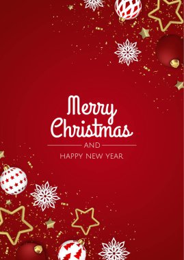 Noel vektör geçmişi. Tebrik kartı, afiş, poster. Üst görünüm xmas dekorasyon topları ve kar taneleri.