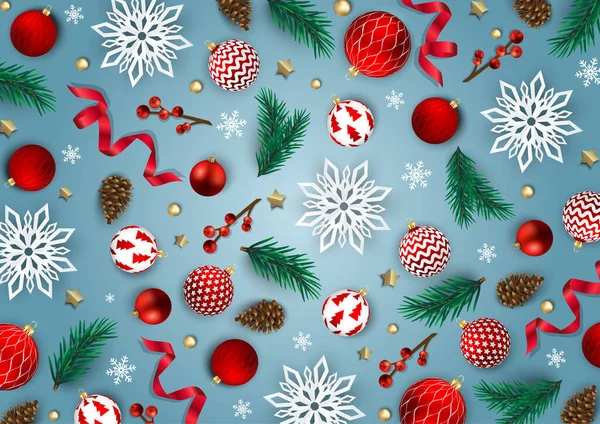 Feliz Navidad y Feliz Año Nuevo. Navidad Fondo festivo con objetos 3D realistas, bolas azules y doradas. — Vector de stock