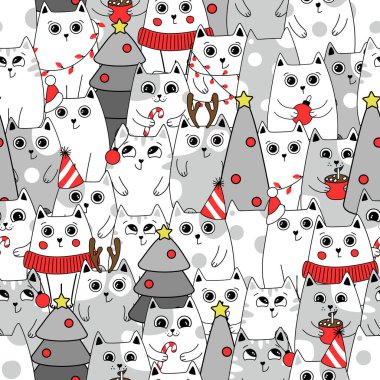 Noel desensiz arka plan. Kış için karda sevimli kedi yavruları. Doodle tarzı