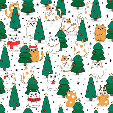 Noel desensiz arka plan. Kış için karda sevimli kedi yavruları. Doodle tarzı