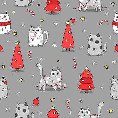 Noel desensiz arka plan. Kış için karda sevimli kedi yavruları. Doodle tarzı
