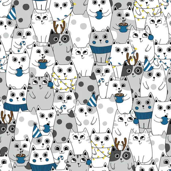 Безшовний візерунок Зима Симпатичні коти, Мультфільм Тварини Фон, Векторні ілюстрації — стоковий вектор