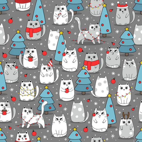 Безшовний візерунок Зима Симпатичні коти, Мультфільм Тварини Фон, Векторні ілюстрації — стоковий вектор