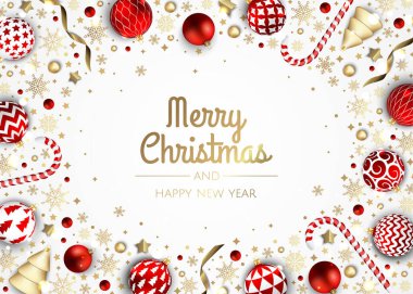 Mutlu Noeller ve mutlu yıllar. Gerçekçi 3D nesneler, mavi ve altın toplara sahip Xmas Festivali arka planı.