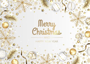 Mutlu Noeller ve mutlu yıllar. Gerçekçi 3D nesneler, mavi ve altın toplara sahip Xmas Festivali arka planı.