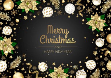 Noel ve Yeni Yıl geçmişi. Parlak Kış Tatil Kompozisyonu. Tebrik kartı, afiş, poster