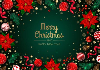 Mutlu Noeller ve mutlu yıllar. Noktalı Xmas arkaplanı, kar taneleri, yıldız ve top tasarımı.