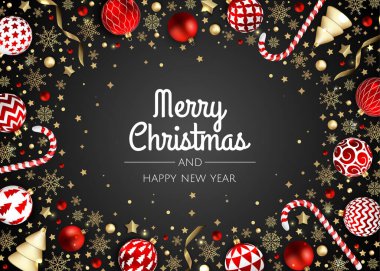 Mutlu Noeller ve mutlu yıllar. Gerçekçi 3D nesneler, mavi ve altın toplara sahip Xmas Festivali arka planı.