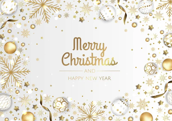 Buon Natale e felice anno nuovo. Natale sfondo festivo con realistici oggetti 3d, palle blu e oro. — Vettoriale Stock