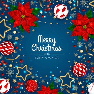 Mutlu Noeller ve mutlu yıllar. Gerçekçi 3D nesneler, mavi ve altın toplara sahip Xmas Festivali arka planı.