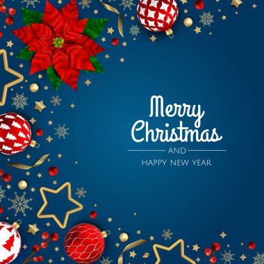 Mutlu Noeller ve mutlu yıllar. Gerçekçi 3D nesneler, mavi ve altın toplara sahip Xmas Festivali arka planı.