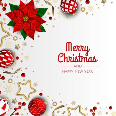 Mutlu Noeller ve mutlu yıllar. Noktalı Xmas arkaplanı, kar taneleri, yıldız ve top tasarımı.
