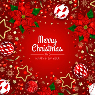 Mutlu Noeller ve mutlu yıllar. Gerçekçi 3D nesneler, mavi ve altın toplara sahip Xmas Festivali arka planı.