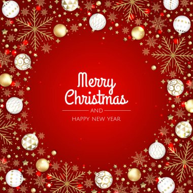 Noel vektör geçmişi. Yaratıcı tasarım tebrik kartı, afiş, poster. Üst görünüm xmas dekorasyon topları ve kar taneleri.
