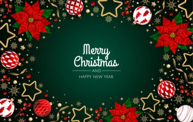 Noel vektör geçmişi. Yaratıcı tasarım tebrik kartı, afiş, poster. Üst görünüm xmas dekorasyon topları ve kar taneleri.