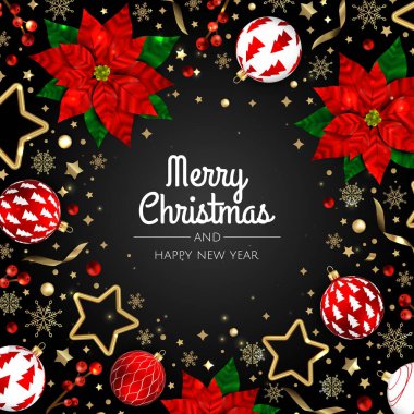 Mutlu Noeller ve mutlu yıllar. Gerçekçi 3D nesneler, mavi ve altın toplara sahip Xmas Festivali arka planı.