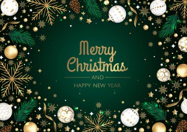 Mutlu Noeller ve mutlu yıllar. Gerçekçi 3D nesneler, mavi ve altın toplara sahip Xmas Festivali arka planı.