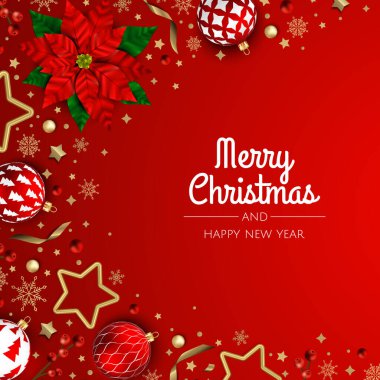 Noel vektör geçmişi. Yaratıcı tasarım tebrik kartı, afiş, poster. Üst görünüm xmas dekorasyon topları ve kar taneleri.