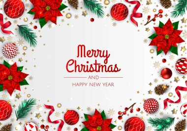 Mutlu Noeller ve mutlu yıllar. Noktalı Xmas arkaplanı, kar taneleri, yıldız ve top tasarımı.