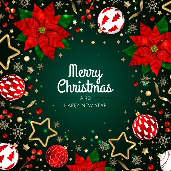 Mutlu Noeller ve mutlu yıllar. Gerçekçi 3D nesneler, mavi ve altın toplara sahip Xmas Festivali arka planı.