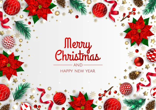 Mutlu Noeller ve mutlu yıllar. Noktalı Xmas arkaplanı, kar taneleri, yıldız ve top tasarımı.