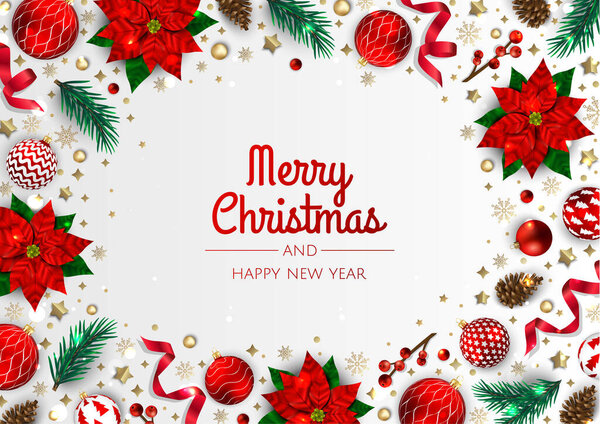 Merry Christmas and Happy New Year. Xmas background with poinsettia, Snowflakes, star and balls design.