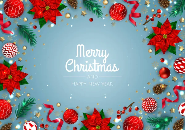 Frohe Weihnachten und ein gutes neues Jahr. Weihnachten Hintergrund mit Weihnachtsstern, Schneeflocken, Stern und Kugeln Design. — Stockvektor
