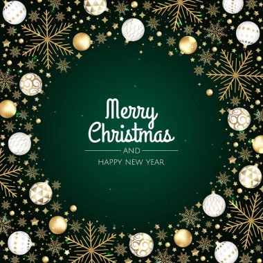 Noel vektör geçmişi. Yaratıcı tasarım tebrik kartı, afiş, poster. Üst görünüm xmas dekorasyon topları ve kar taneleri.