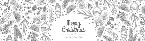 Winterspandoek. Met handgetekende kegels, kerstboom. Kerst vector illustratie. — Stockvector