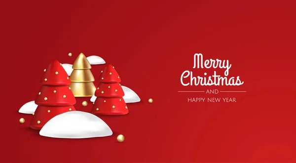 Joyeux Noël et bonne année. Fond festif de Noël avec des objets 3D réalistes, arbre de Noël rouge et or. — Image vectorielle
