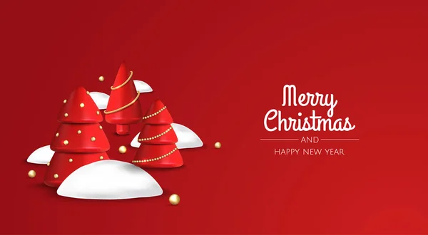 Merry Christmas and Happy New Year. Xmas Festive background with realistic 3d objects, red and gold xmas tree. — Stock Vector