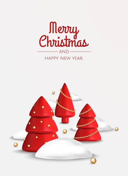 Frohe Weihnachten und ein gutes neues Jahr. Weihnachten festlicher Hintergrund mit realistischen 3D-Objekten, rotem und goldenem Weihnachtsbaum. — Stockvektor