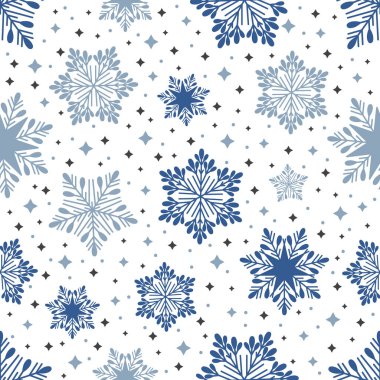 Geometrik motifli kusursuz bir Noel deseni. Farklı süslere sahip kar taneleri.