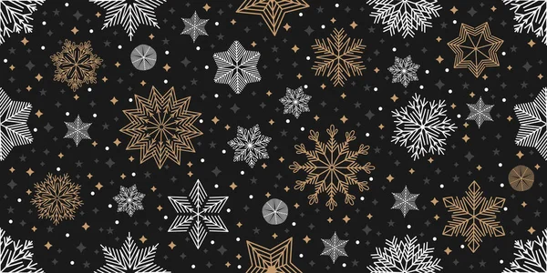 Semplice modello senza cuciture di Natale. Fiocchi di neve con ornamenti diversi. Su sfondo bianco — Vettoriale Stock