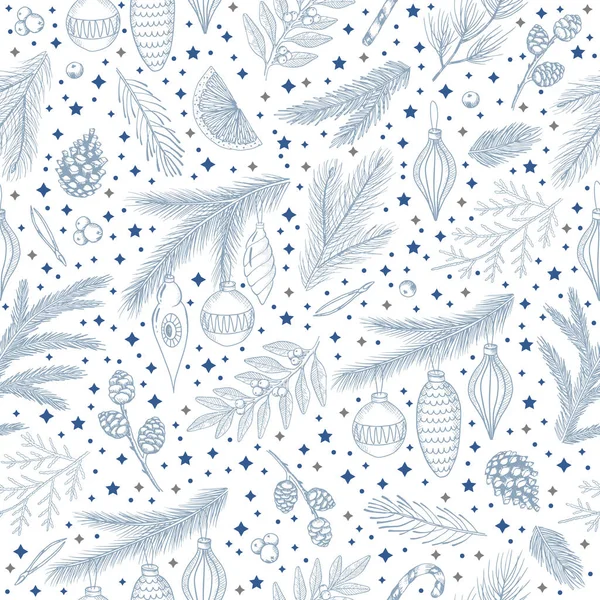 Hand drawn floral winter seamless pattern with christmas tree toys and Snowflakes. Vector illustration background — Vettoriale Stock