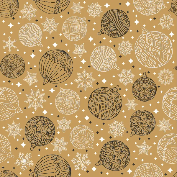 Patrón sin costuras de invierno floral dibujado a mano con juguetes de árbol de Navidad y copos de nieve. Fondo de ilustración vectorial — Archivo Imágenes Vectoriales
