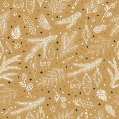 Noel ağacı dalları ve böğürtlenlerle kışın kusursuz desen. Vektör illüstrasyon arkaplanı